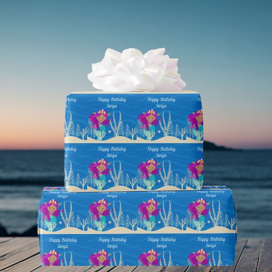 Niedlich Mermaid Birthday Girl Custom Blue Ocean Geschenkpapier