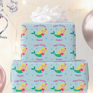 Niedlich Mermaid Blue Personalisiert Geburtstag Geschenkpapier