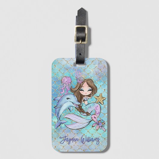 Niedlich Mermaid Brown Hair Girl Individuelle Name Gepäckanhänger (Vorderseite Vertikal)