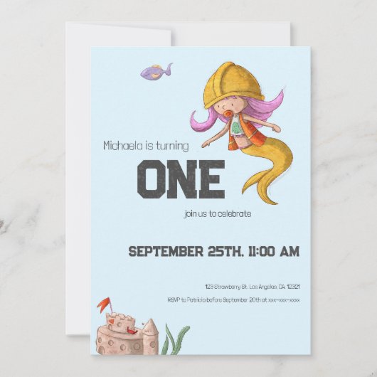 Niedlich Mermaid Construction Worker First Birthda Einladung (Vorderseite)