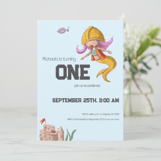Niedlich Mermaid Construction Worker First Birthda Einladung (Stehend Vorderseite)