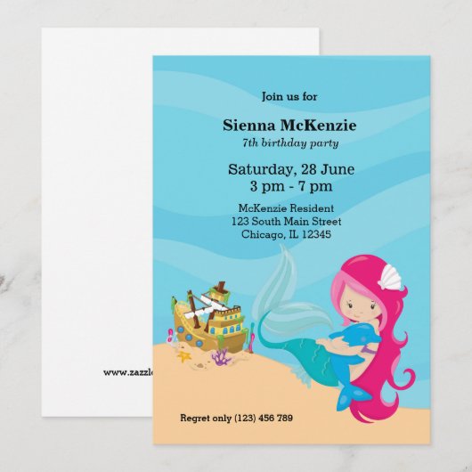 Niedlich Mermaid Einladung (Vorne/Hinten)