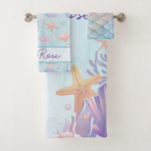 Niedlich Mermaid Pattern Personalisiert Girly Badhandtuch Set