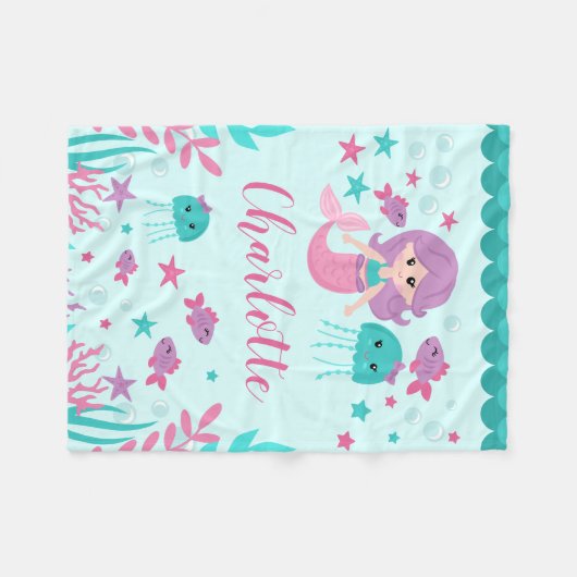 Niedlich Mermaid Personalisiert Girl Fleecedecke (Vorderseite (Horizontal))