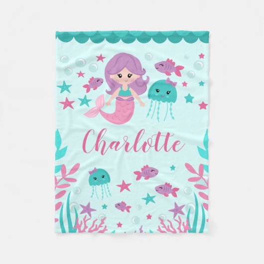 Niedlich Mermaid Personalisiert Girl Fleecedecke (Vorderseite)