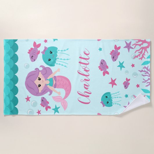 Niedlich Mermaid Personalisiert Girl Strandtuch (Vorderseite)
