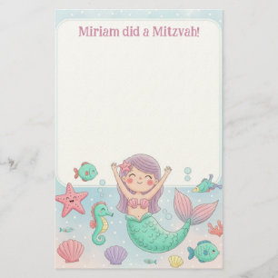 Niedlich Mermaid Personalisiert Mitzvah Anmerkung Briefpapier