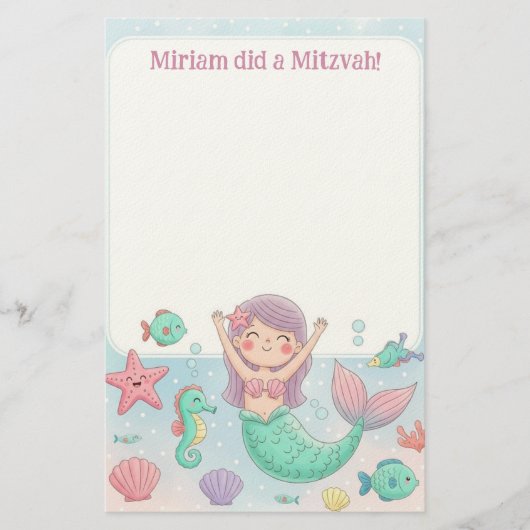 Niedlich Mermaid Personalisiert Mitzvah Anmerkung Briefpapier (Vorderseite)