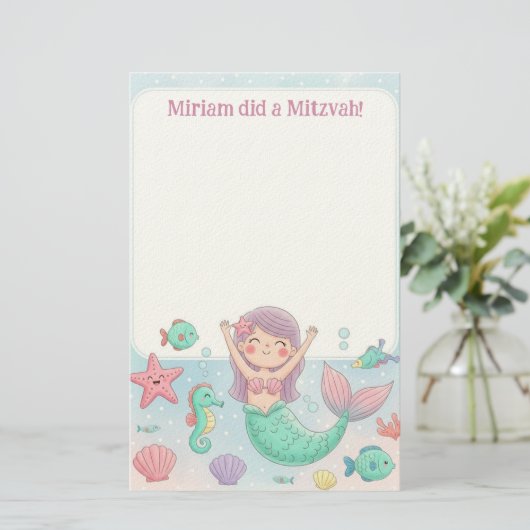 Niedlich Mermaid Personalisiert Mitzvah Anmerkung Briefpapier (Stehend Vorderseite)