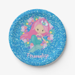 Niedlich Mermaid Pink Blue Glitzer Personalisieren Pappteller