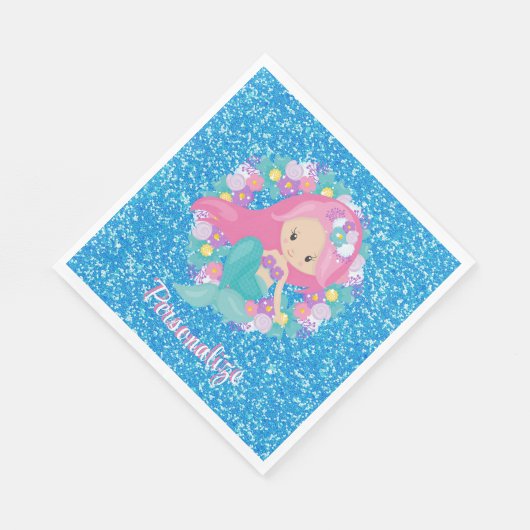 Niedlich Mermaid Pink Blue Glitzer Personalisieren Serviette (Ecke)
