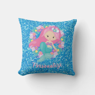 Niedlich Mermaid Pink Blue Glitzer Personalisiert Kissen