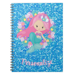 Niedlich Mermaid Pink Blue Glitzer Personalisiert Notizblock