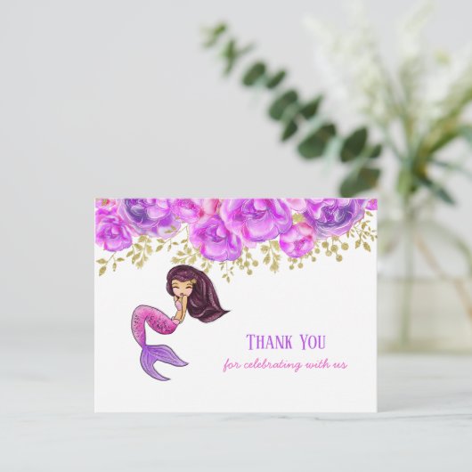 Niedlich Mermaid | Pink Peonys Floral Vielen Dank Postkarte (Stehend Vorderseite)
