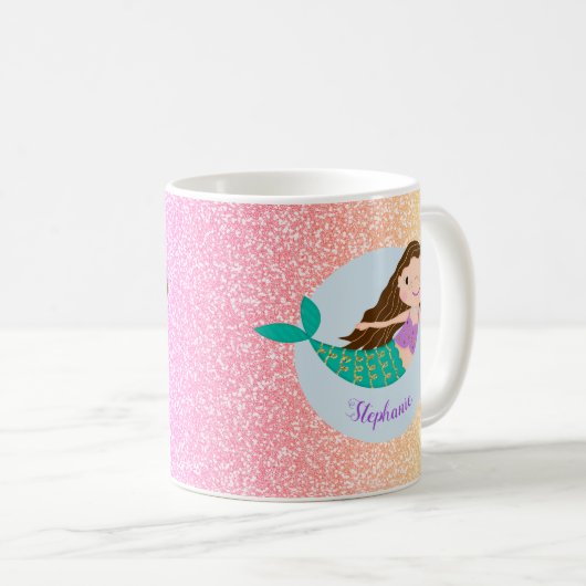 Niedlich Mermaid Rainbow Glitzer Personalisiert Kaffeetasse (VorderseiteRechts)