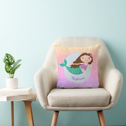 Niedlich Mermaid Rainbow Glitzer Personalisiert Kissen (Stuhl )