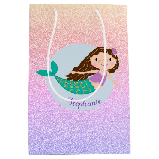 Niedlich Mermaid Rainbow Glitzer Personalisiert Mittlere Geschenktüte (Vorderseite)