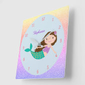 Niedlich Mermaid Rainbow Glitzer Personalisiert Quadratische Wanduhr (Winkel)