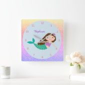 Niedlich Mermaid Rainbow Glitzer Personalisiert Quadratische Wanduhr (Zuhause)