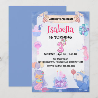 Niedlich Mermaid Rainbow Unicorn 3. Geburtstag Par Einladung