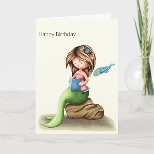 Niedlich Mermaid Reading Personalisiert Happy Birt Karte (Vorderseite)