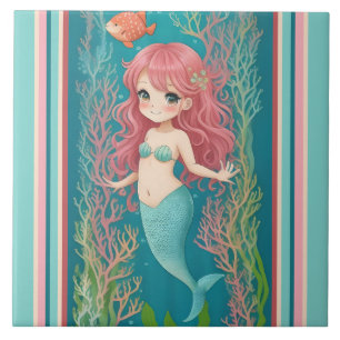 Niedlich Mermaid - Redhead Cartoon Girl mit blauem Fliese