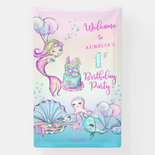 Niedlich Mermaid | Sea Girl's 1st Birthday Party Banner (Vertikal)