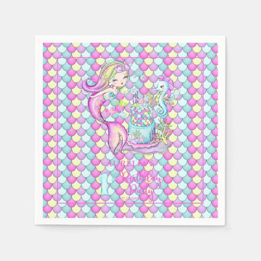 Niedlich Mermaid | Sea Girl's 1st Birthday Party Serviette (Vorderseite)