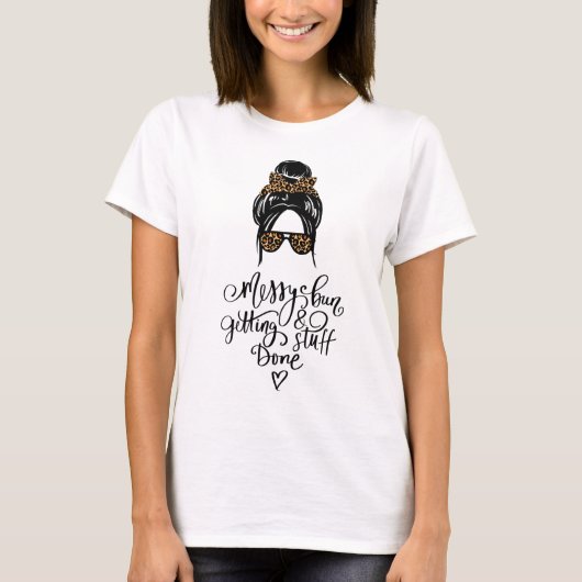 Niedlich Messy Bun Leopard T-Shirt (Vorderseite)