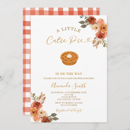 Niedlich Mini Süsse Pie Gingham Fall Baby Dusche Einladung (Vorne/Hinten)