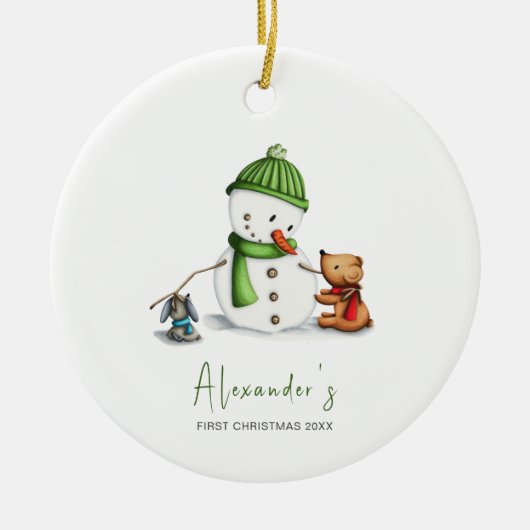 Niedlich Minimal Baby First Christmas Snowman Keramik Ornament (Vorne)