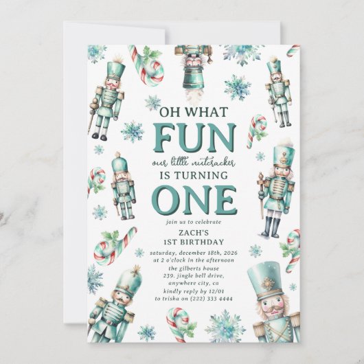 Niedlich Mint Nutcracker Oh, was Spaß 1. Geburtsta Einladung (Vorderseite)