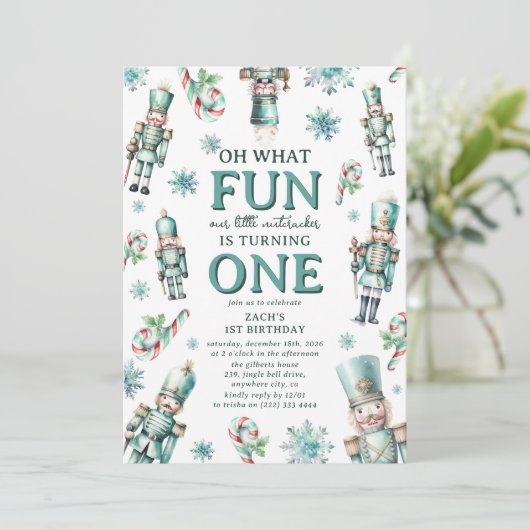 Niedlich Mint Nutcracker Oh, was Spaß 1. Geburtsta Einladung (Stehend Vorderseite)