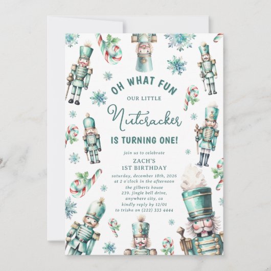 Niedlich Mint Nutcracker Oh, was Spaß 1. Geburtsta Einladung (Vorderseite)