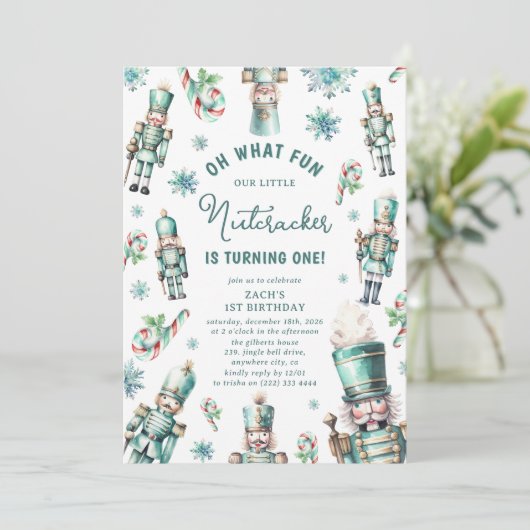 Niedlich Mint Nutcracker Oh, was Spaß 1. Geburtsta Einladung (Stehend Vorderseite)