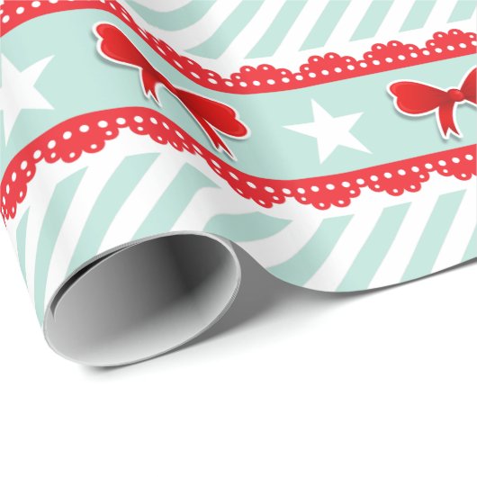 Niedlich Mint Red Bows Stars Strickte Weihnachtsmu Geschenkpapier (Rolleneckpunkt)