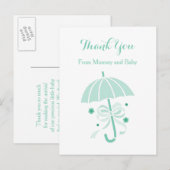 Niedlich Minze Regenschirm und Bow Baby Dusche Dan Ankündigungspostkarte (Vorne/Hinten)