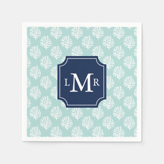 Niedlich Minze Sommermuster und blaues Monogramm Serviette (Vorderseite)