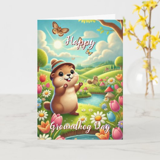 Niedlich mit Hat Happy Groundhog Day & History Car Karte (Gelbe Blume)