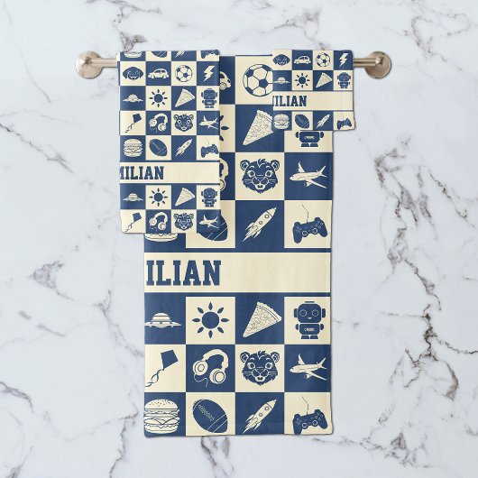 Niedlich Modern Blue Checkered Icons Muster Boy's Badhandtuch Set