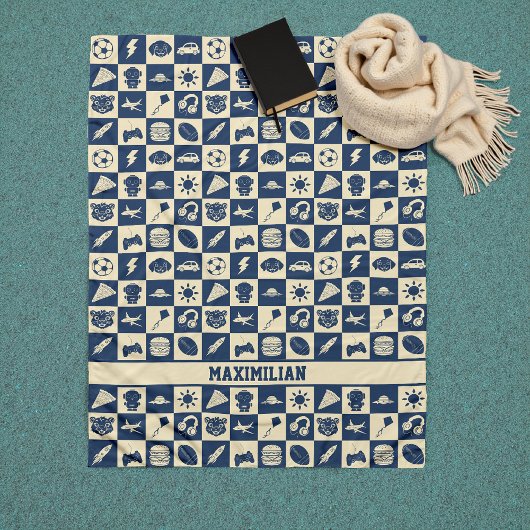 Niedlich Modern Blue Checkered Icons Muster Boy's Fleecedecke