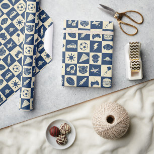Niedlich Modern Blue Checkered Icons Muster Boy's Geschenkpapier