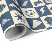Niedlich Modern Blue Checkered Icons Muster Boy's Geschenkpapier (Rolleneckpunkt)