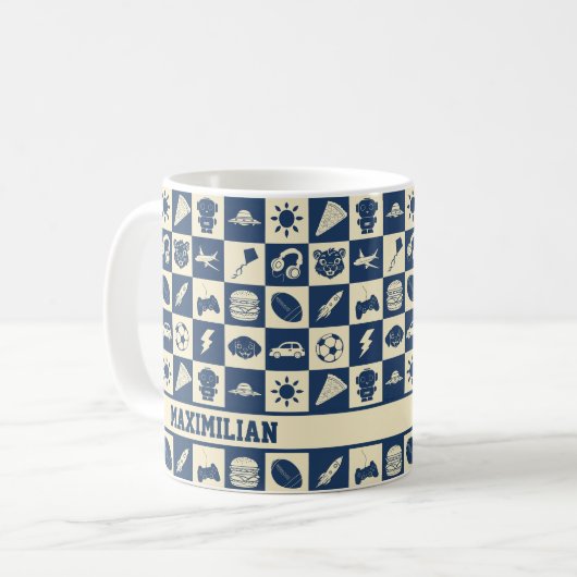 Niedlich Modern Blue Checkered Icons Muster Boy's Kaffeetasse (Vorderseite Links)
