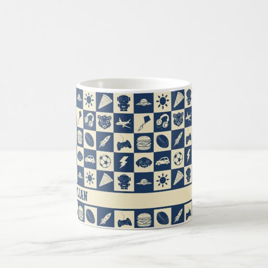 Niedlich Modern Blue Checkered Icons Muster Boy's Kaffeetasse (Mittel)