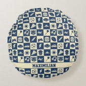 Niedlich Modern Blue Checkered Icons Muster Boy's Rundes Kissen (Vorderseite)