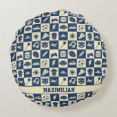 Niedlich Modern Blue Checkered Icons Muster Boy's Rundes Kissen (Rückseite)