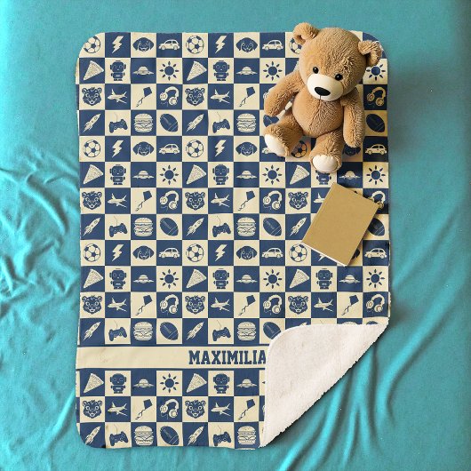 Niedlich Modern Blue Checkered Icons Muster Boy's Sherpadecke