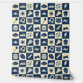 Niedlich Modern Blue Checkered Icons Muster Boy's Tapete