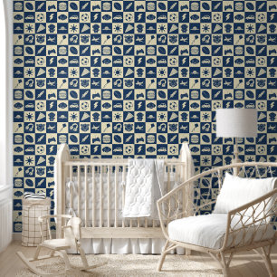 Niedlich Modern Blue Checkered Icons Muster Boy's Tapete